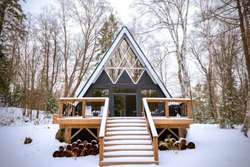 A frame cabin with hot tub shower